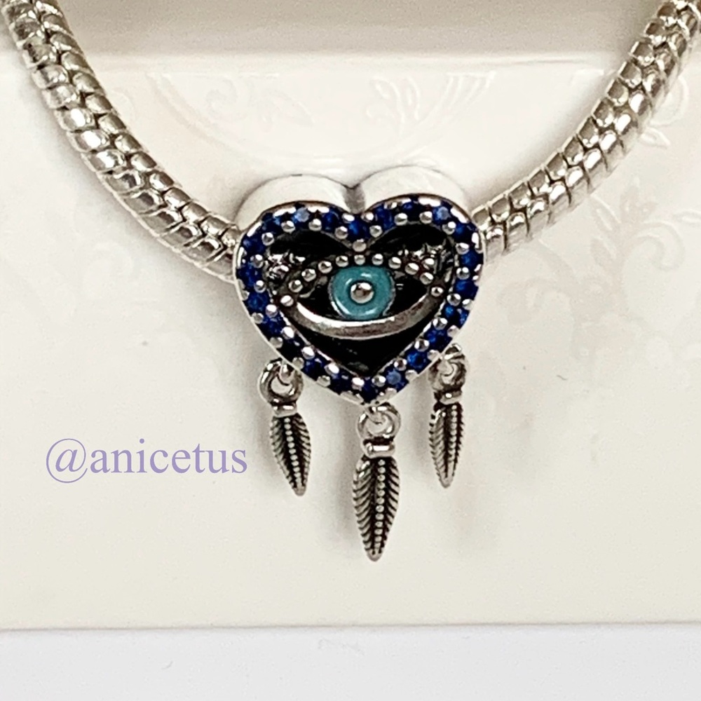 NWOT 925 Sterling Silver Evil Eye Feather Spirituality Blue CZ Charm